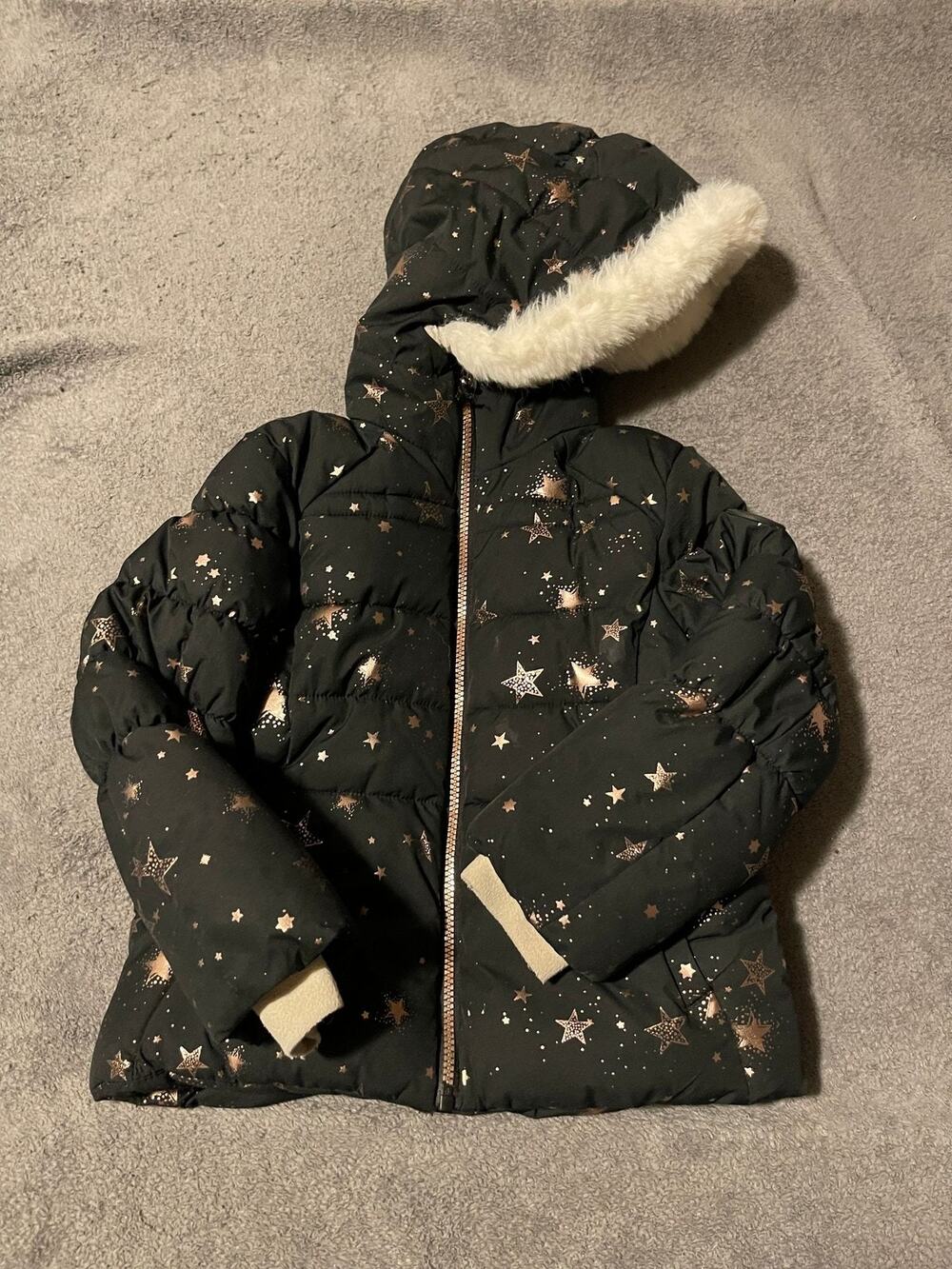 ZeroXposure Puffer Coat Girls 6/6X Black Star Hooded Faux Fur Lined Warm Winter
